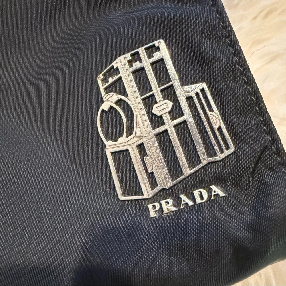 Prada Black Nylon Pouch Bag with Silver Luggage Logo Clutch Travel Accessory